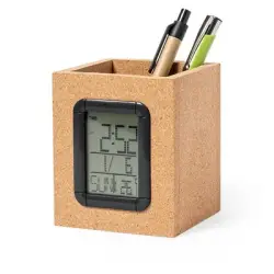 Korkowy pojemnik na przybory do pisania, zegar wielofunkcyjny - kolor brązowy
