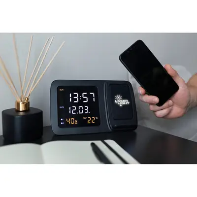 Ładowarka bezprzewodowa 5W-15W Exclusive Collection wielofunkcyjny zegar cyfrowy Isha kolor czarny
