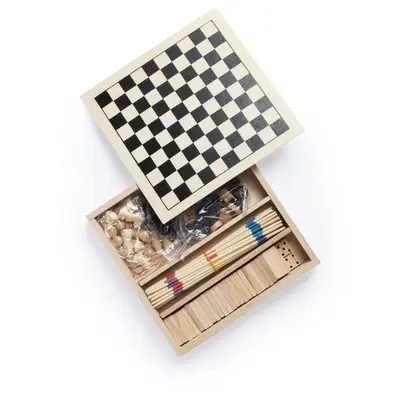 Zestaw gier, szachy, warcaby, domino i mikado - kolor drewno