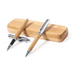 Bambusowy zestaw piśmienny, długopis i pióro kulkowe - kolor jasnobrązowy